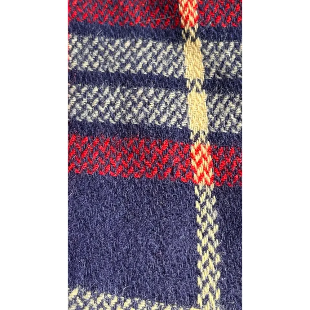 1960s CarlDyke Tartan Wool Stadium Blanket Red Navy Plaid Fringe 51x38